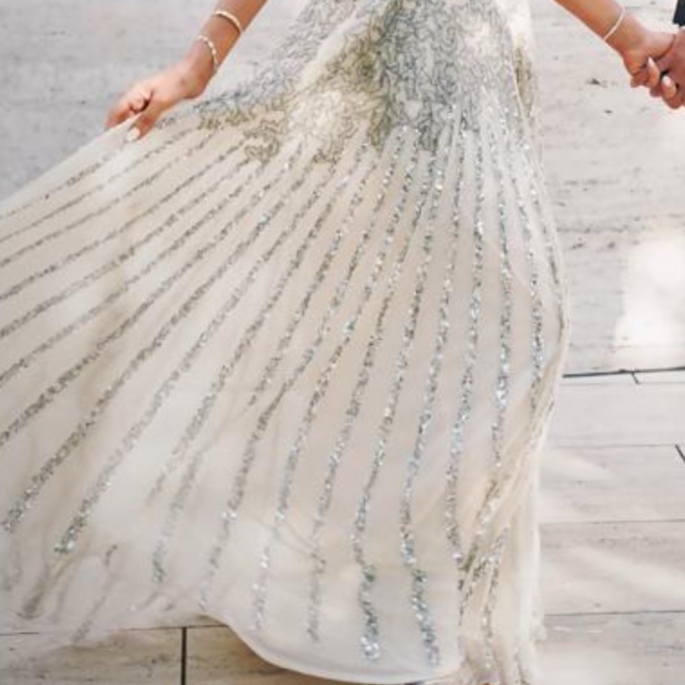 Mac Duggal Silver and Cream Maxi Dress